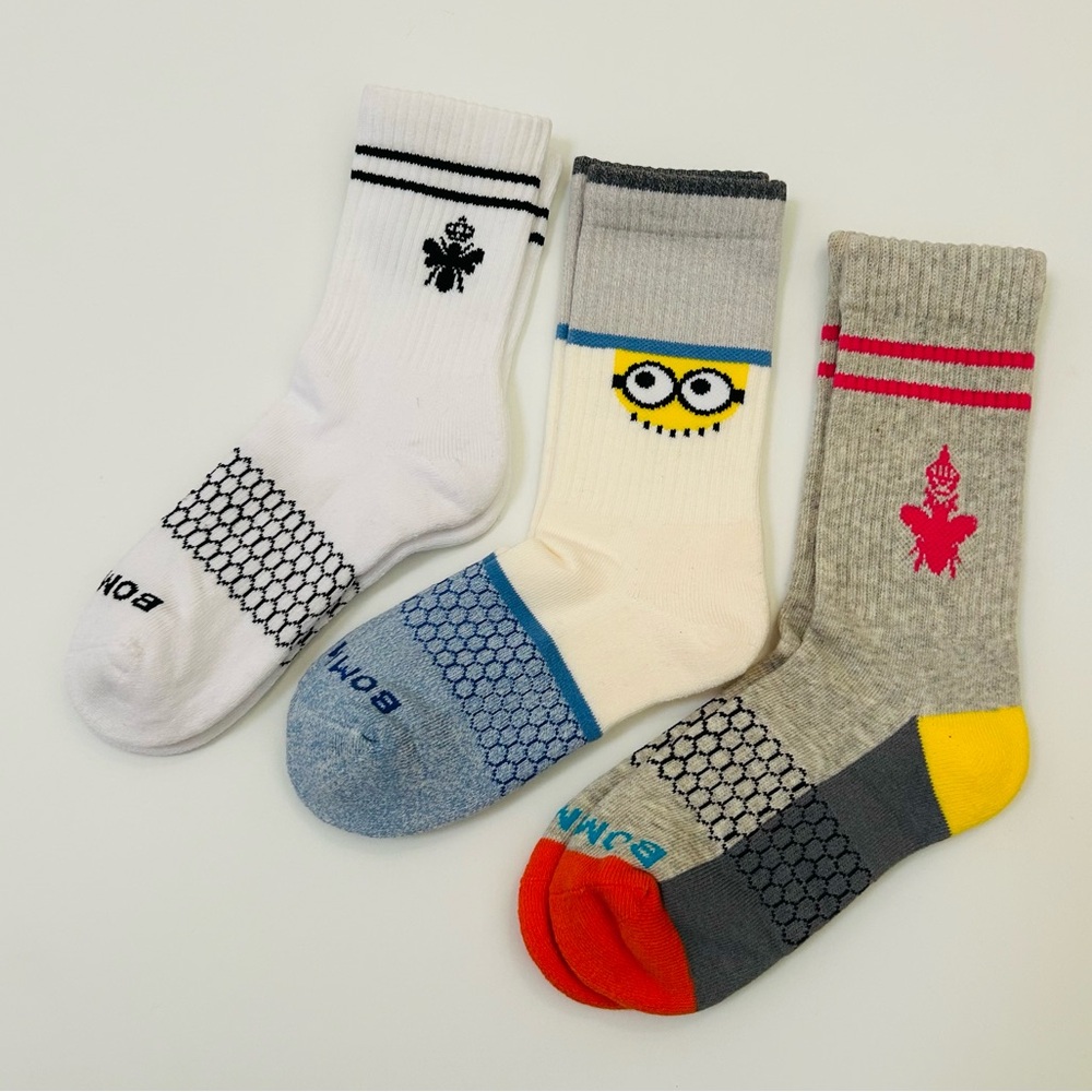 Bombas New 3 pair Crew Socks Small White Black Gray Pink Minions Blue Yellow